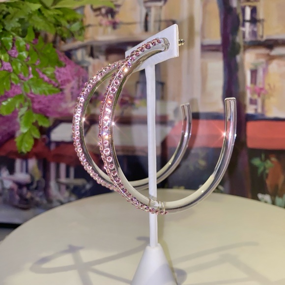 Large Oversized Clear Acrylic Hoop Earrings with Pink Swarovski Crystals - Picture 13 of 14